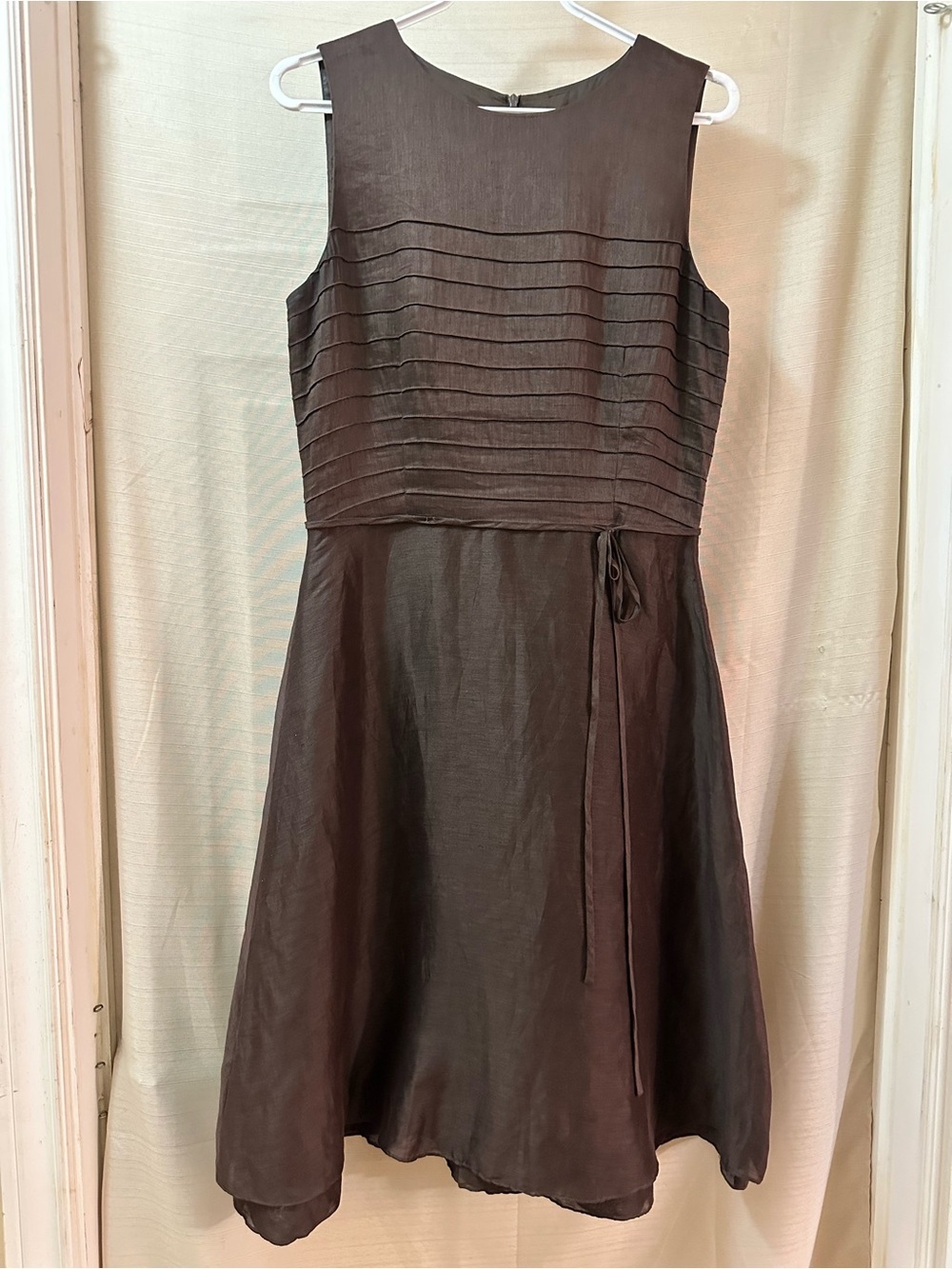 Cynthia Howie Brown Silk Linen Sleeveless Pleated Midi Dress Size 8 Summer